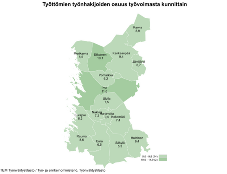 Satakunnan työttömyysprosentti oli kesäkuun lopulla 9,3. Kuva. temtyollisyyskatsaus.fi